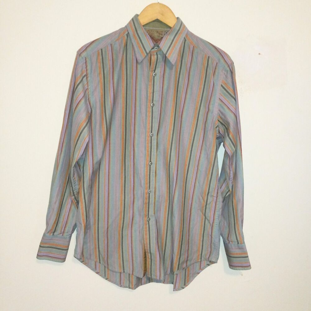 Robert Graham Vertical Stripe Button Up Shirt-Medium-Flip Cuffs-Contrast Trim